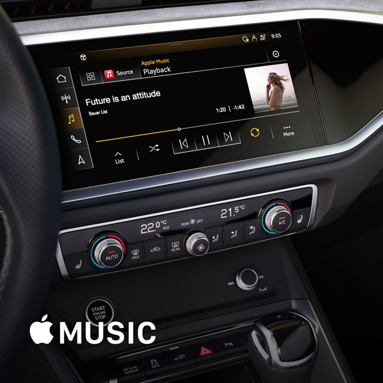 Internal view of Audi Q3 touch screen panel with apple promotion.